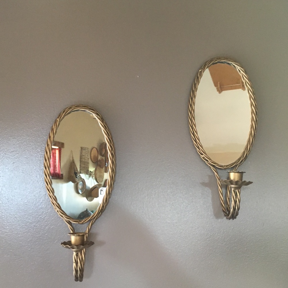 Vtg Candle Wall Sconces Mirrored Twisted Metal 2